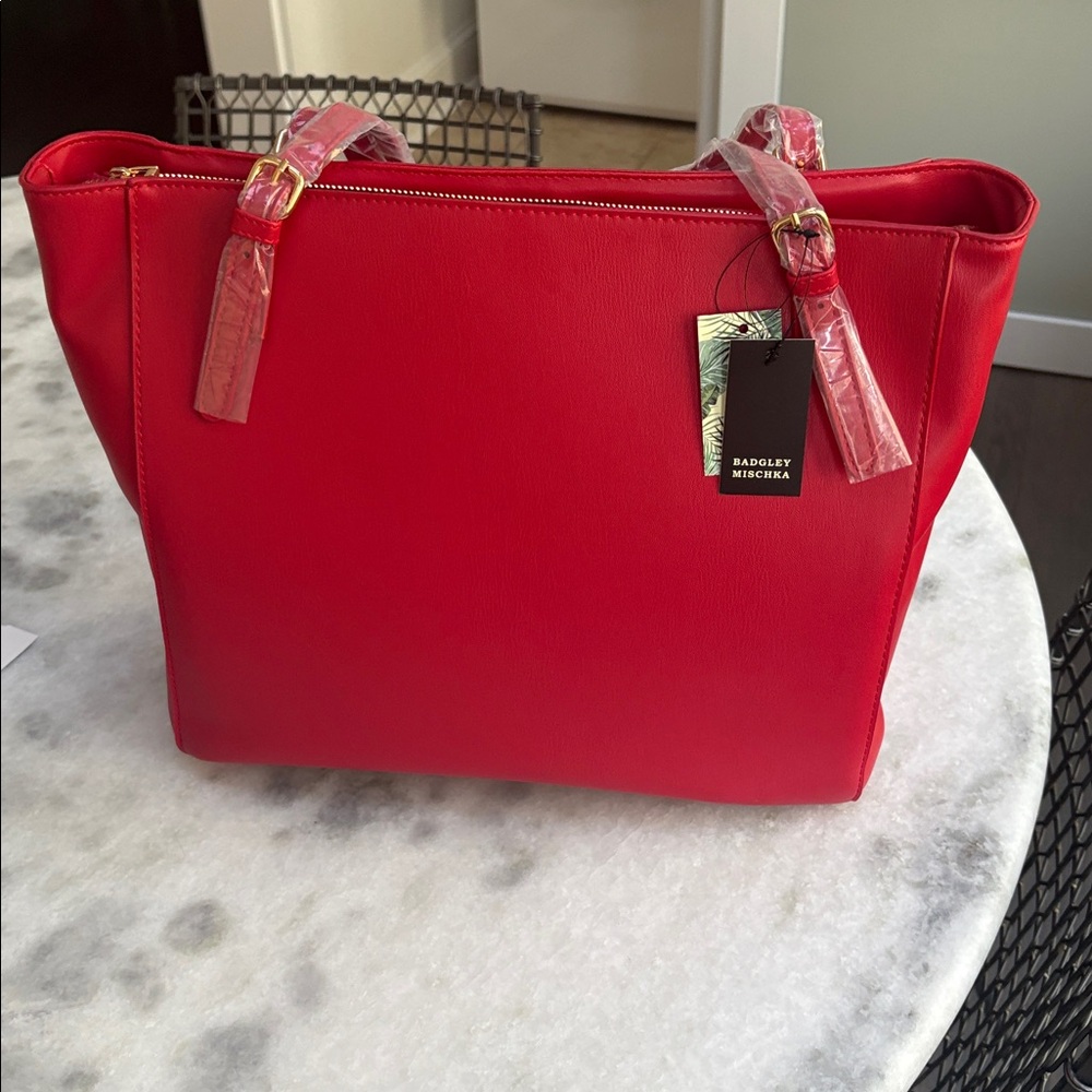 Badgley Mischka Large Tote Vegan Leather Red/Gold NWT - Picture 8 of 10